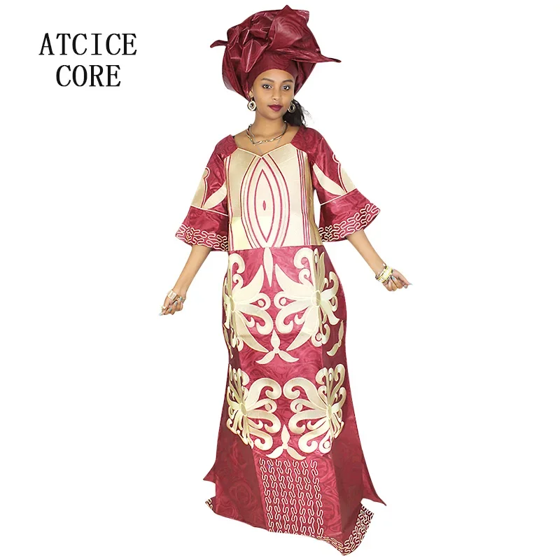 Robe africaine longueur au sol avec écharpe pour femme, motif de broderie, Bazin Riche
