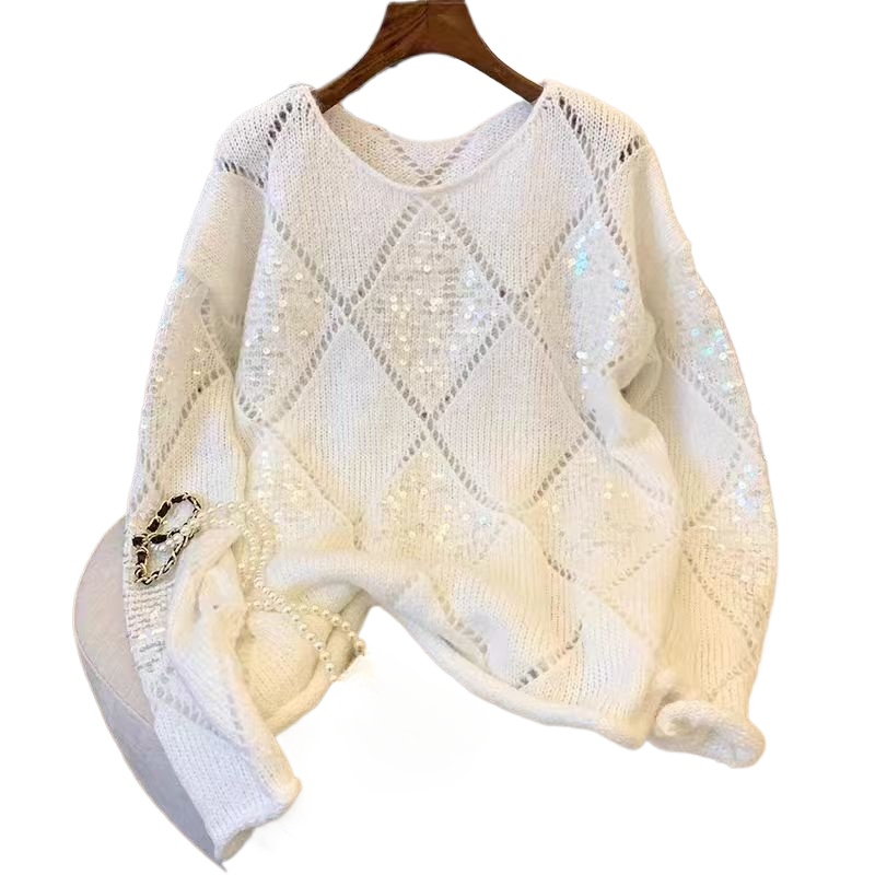 Pull de luxe en tricot doux à paillettes pour femme, manteaux, automne-hiver, hauts à manches longues, tricot ample, mode coréenne Y2k