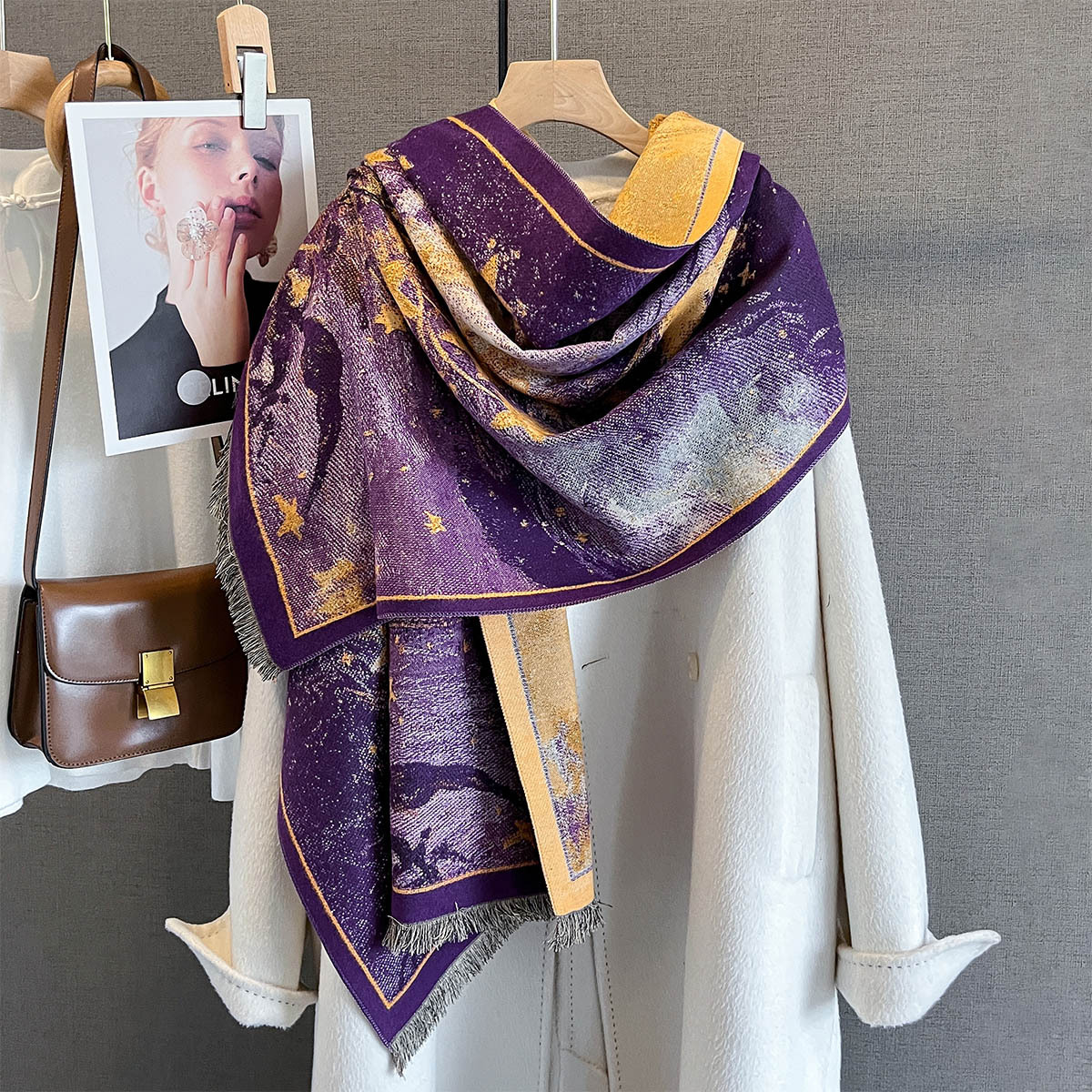 Écharpe chaude automne/hiver 185x65cm, châle à pampilles imprimé étoiles, Imitation cachemire épais, couverture coupe-vent résistante au froid pour femmes