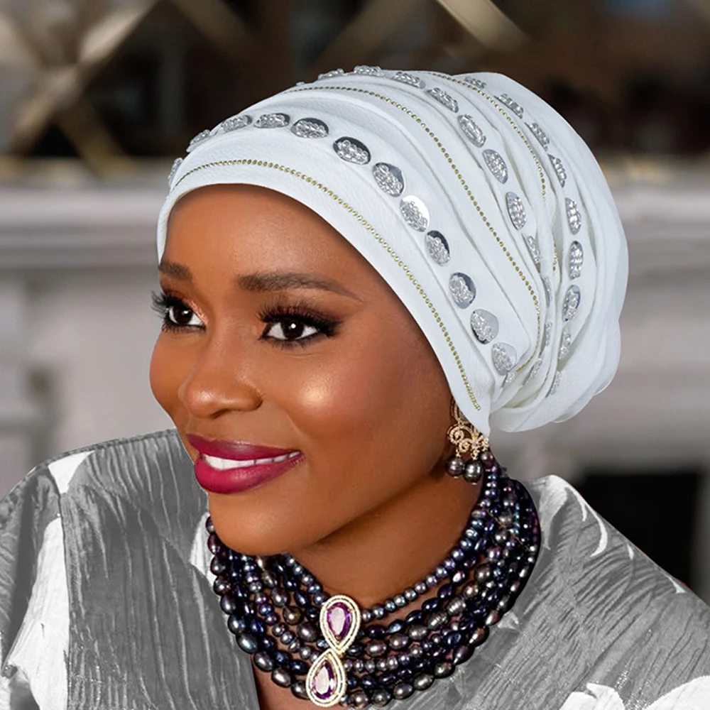 Nouveau diamants Turban casquette pour femmes musulman Hijab Bonnet foulard Nigeria Geles chapeau de mariage africain Auto Gele chapeaux tête enveloppement