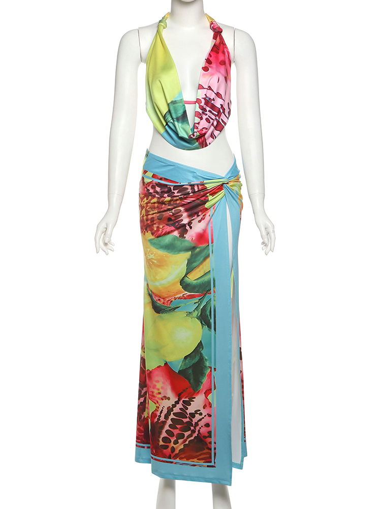 Ensemble 2 pièces léopard coloré pour femmes, chat bizarre, débardeur col licou + jupes Maxi enveloppées, vêtements de club de vacances assortis, Y2K