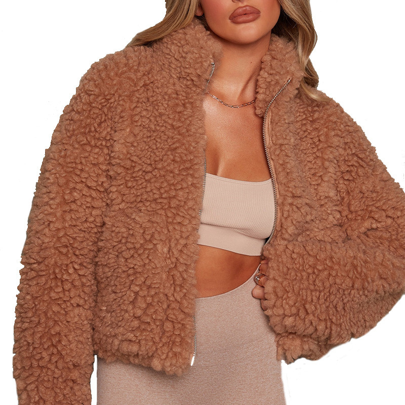 Manteau court en laine d'agneau pour femme, pardessus épais et chaud pour femme, vestes à col roulé à manches longues, streetwear à la mode, automne et hiver 2023
