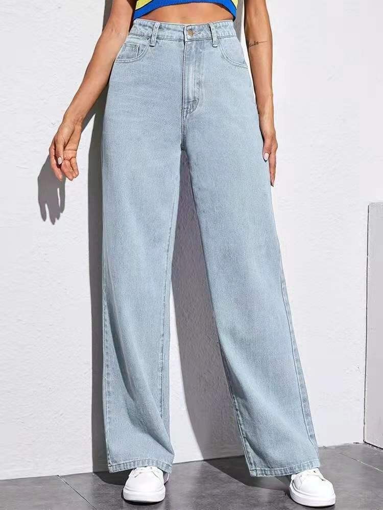 Jeans tendance pour femme - Pantalon long droit taille haute, coupe ajustée, couleur unie, confortable pour l'été