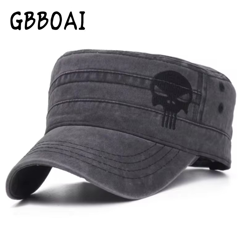 Casquette de baseball en coton lavé pour hommes, chapeau cool, tête de mort brodée, dessus plat, casquette militaire, chapeaux de papa décontractés, extérieur