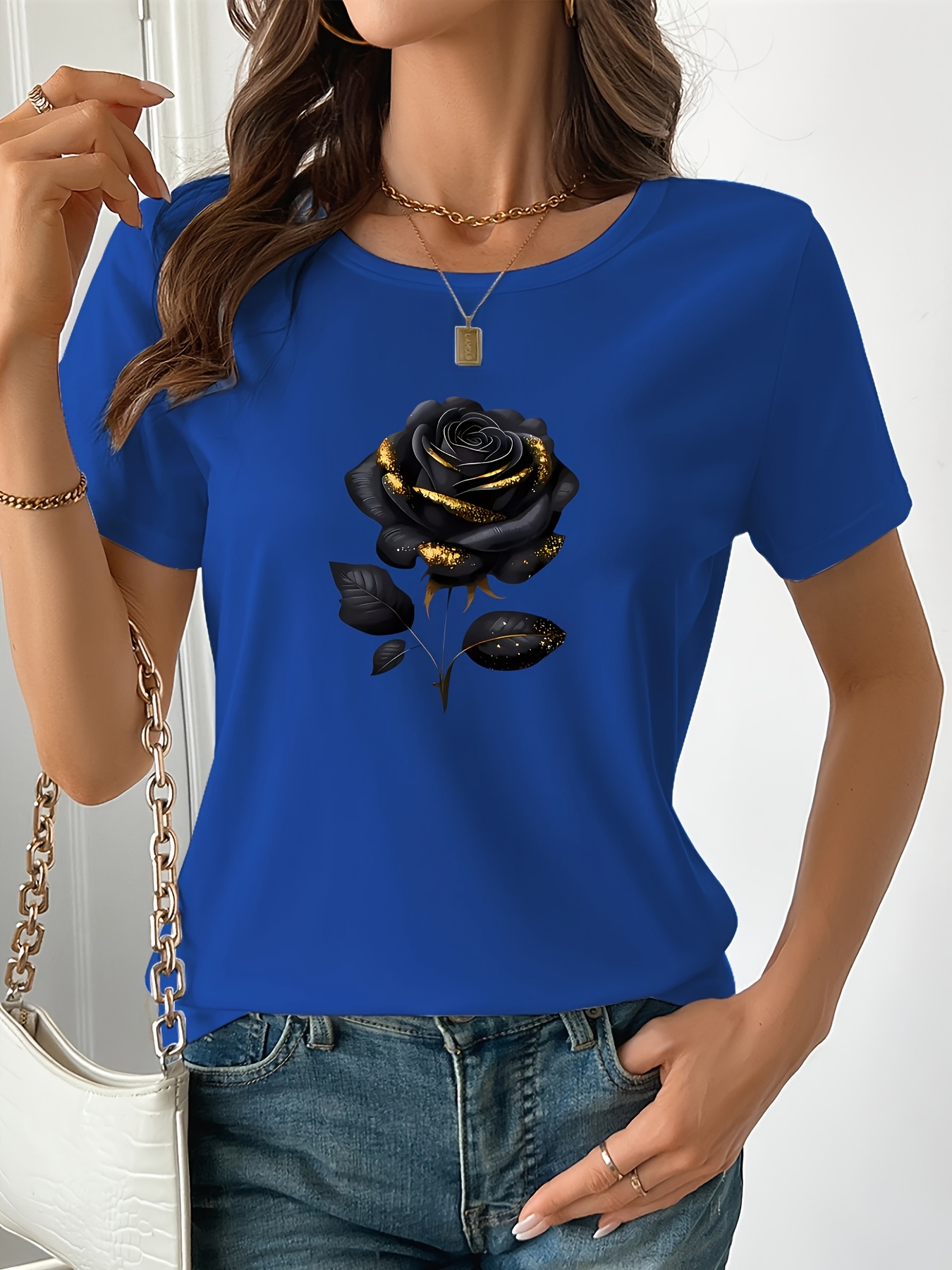 T-shirt noir surdimensionné pour femmes, grande taille, avec imprimé rose élégant, mode Harajuku Kawaii, vêtements Y2K pour femmes