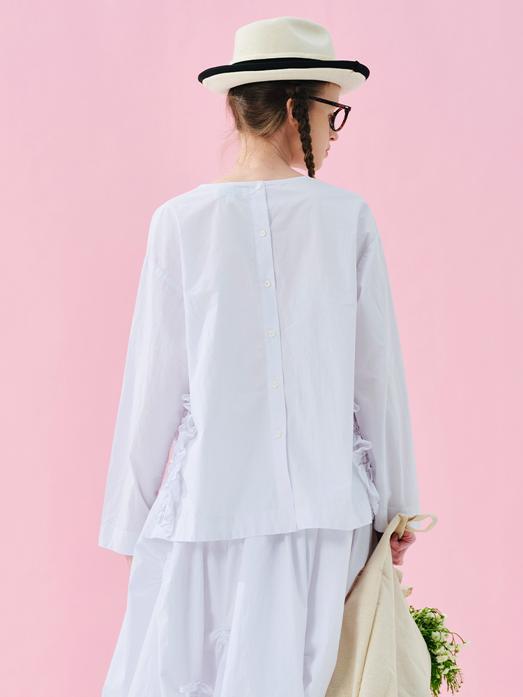 Vêtements féminins, chemises pour femmes, haut à manches longues en dentelle avec empiècements, à volants, avec poche, coupe ample, pull décontracté pour femmes.