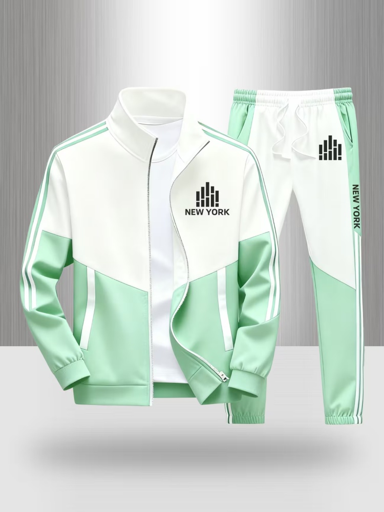 Ensemble de survêtement pour homme, veste zippée et pantalon de jogging à blocs de couleurs, imprimé New York, tenue de sport décontractée en deux pièces.
