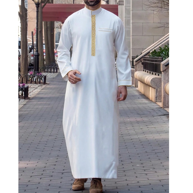 Thobe arabe pour hommes, brodé, à manches longues, coupe ample, Jubbah islamique pour la prière, tenue formelle