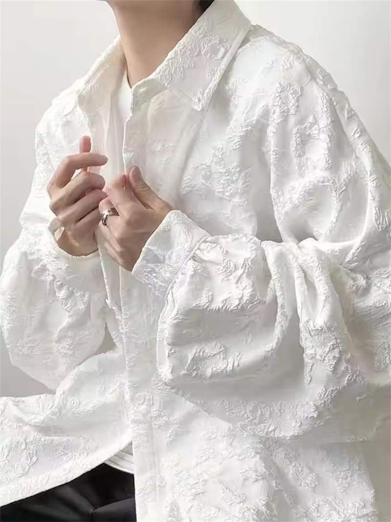 Chemise Jacquard froissée blanche 3XL pour hommes, ample, mode, solide, décontractée, col rabattu, nouveau chemisier à manches longues assorti avec tout