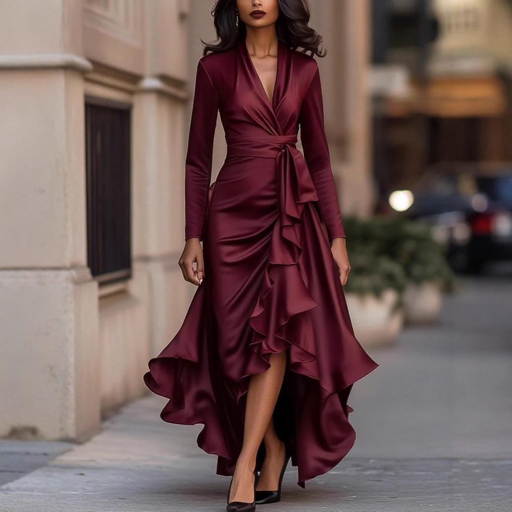 Robe de soirée 2026 pour femme, manches longues, col en V, taille haute, coupe ajustée, volants, couleur unie, élégante, mode, pour fête, printemps-automne, 80%