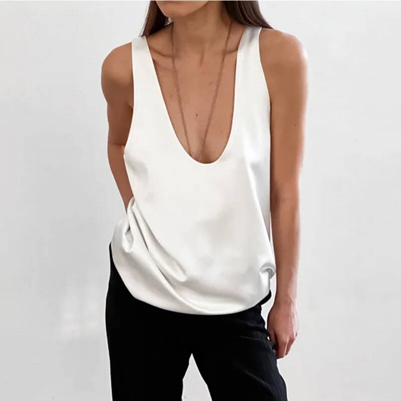 T-Shirt sans manches en Satin à col en U pour femmes, débardeur polyvalent de Style de rue de tempérament noir et blanc, doublure polyvalente sans manches