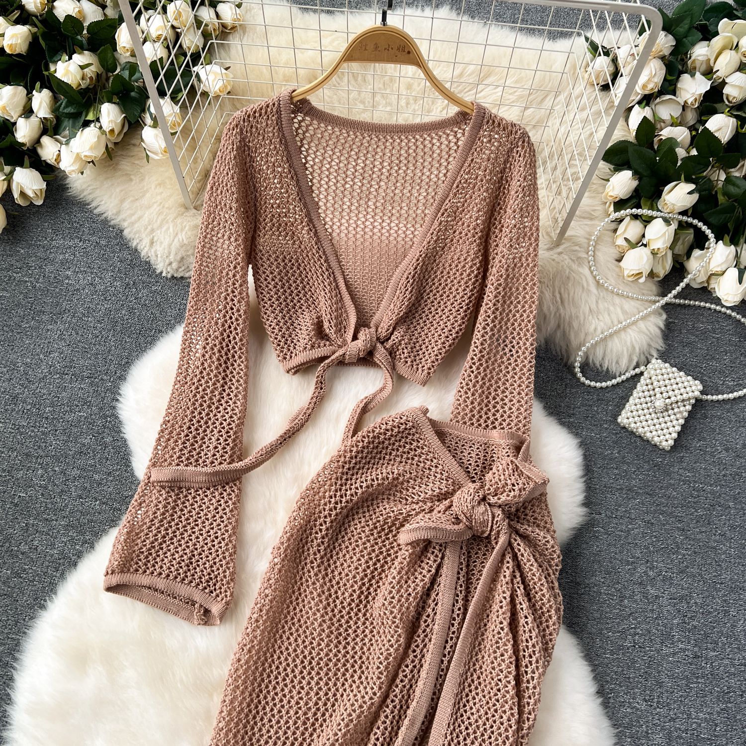 Ensemble 2 pièces tricoté pour femmes, décontracté, tendance, couleur unie, tasses à manches longues, Cardigans, jupes ajourées, vêtements féminins, vacances à la plage