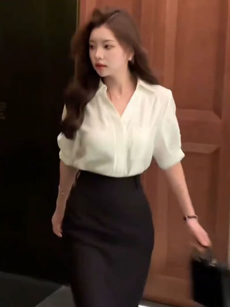 Été blanc chemise à manches courtes 2025 nouveau col en v en mousseline de soie haut élégant bureau dame vêtements hauts haut de gamme chemise mode Blouses Chic