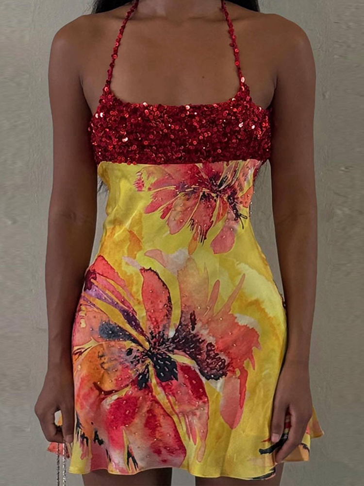 Robe Courte Sexy Imprimée à Paillettes pour Femme, Robe de Soirée Sans Manches Dos Nu Halter Ajustée, Collection Printemps-Été 2026, Élégante Robe Féminine