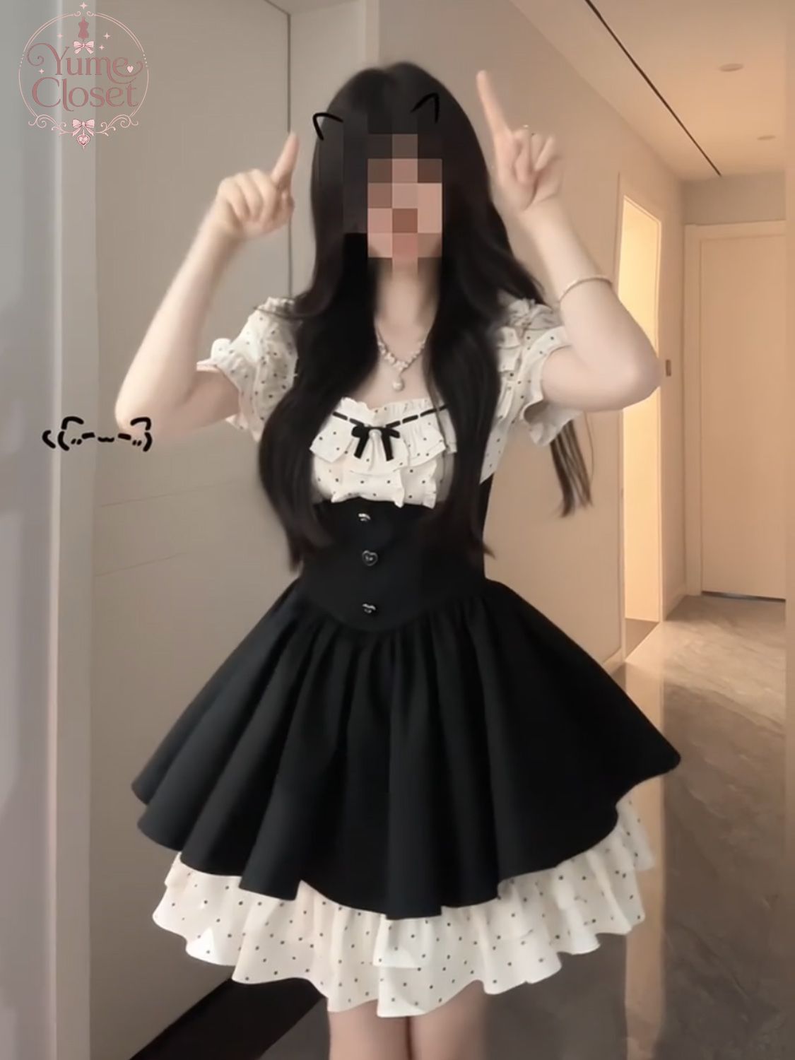 Robe Coquette Gothic Lolita pour femmes, noire, à pois, manches courtes bouffantes, nœud, volants, taille haute, mini-robe, tenue élégante