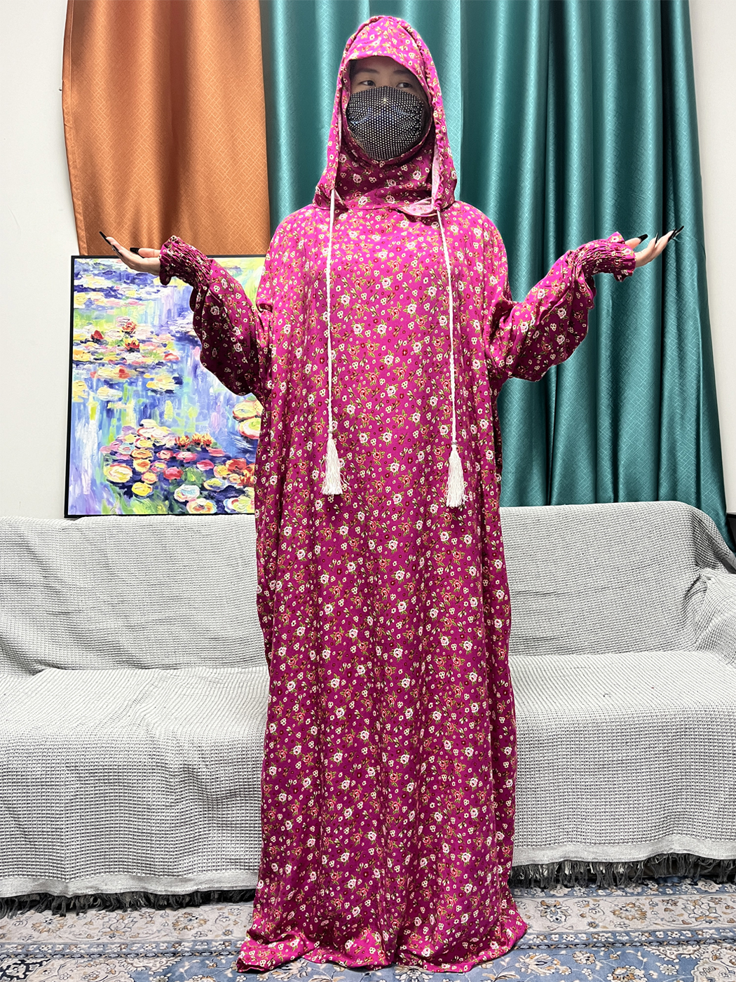 Ensemble Abayas Musulmans pour Femmes, Vêtement de Prière, Floral, Double Couche, Capuche, Robe à Manches sulf, Festival Traditionnel, 2024