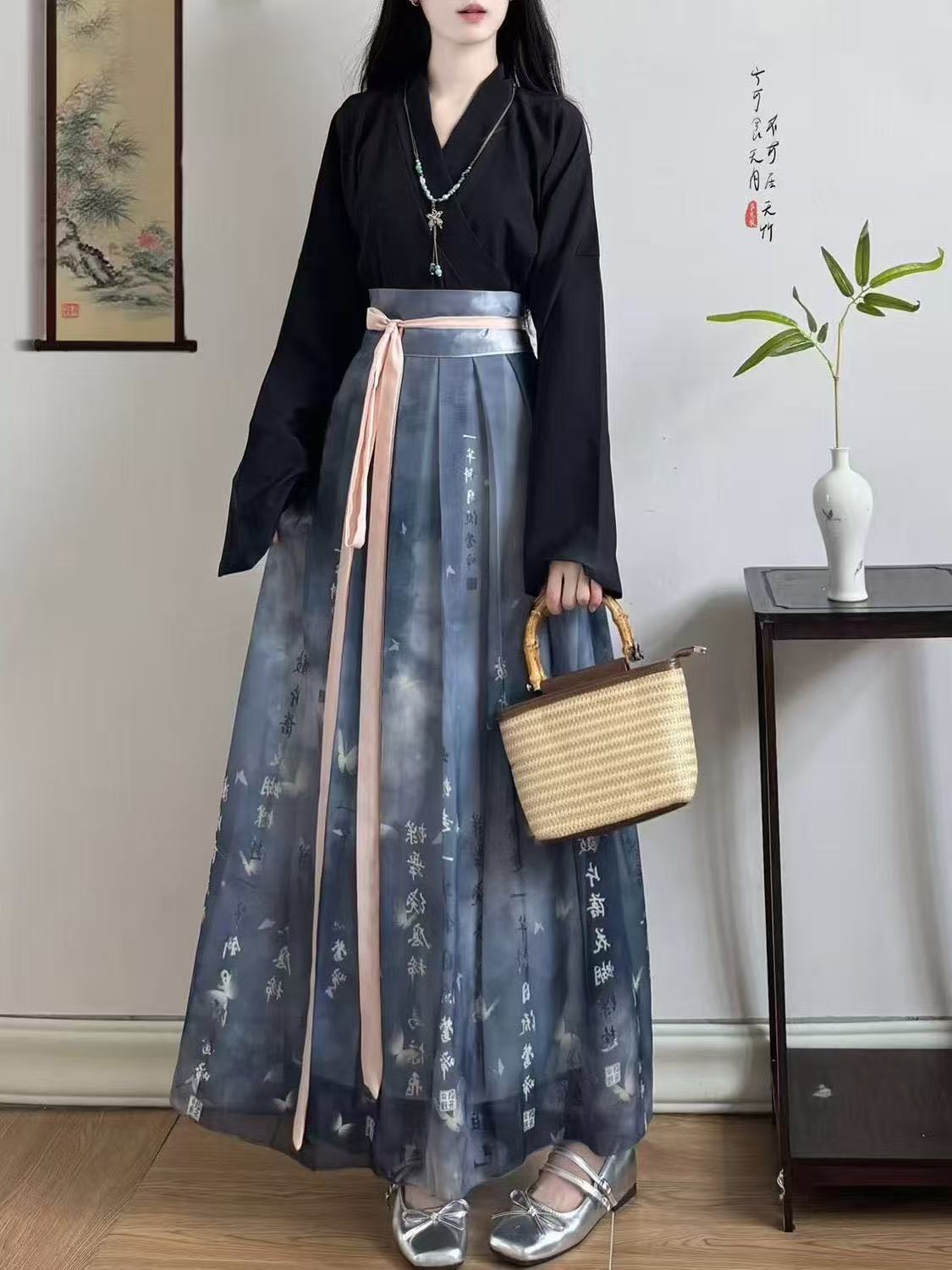 Robe Hanfu originale pour femmes, Costume traditionnel de la période Weijin, chemise confortable en mousseline de soie à manches longues, ensemble jupe, Costume de danse sur scène