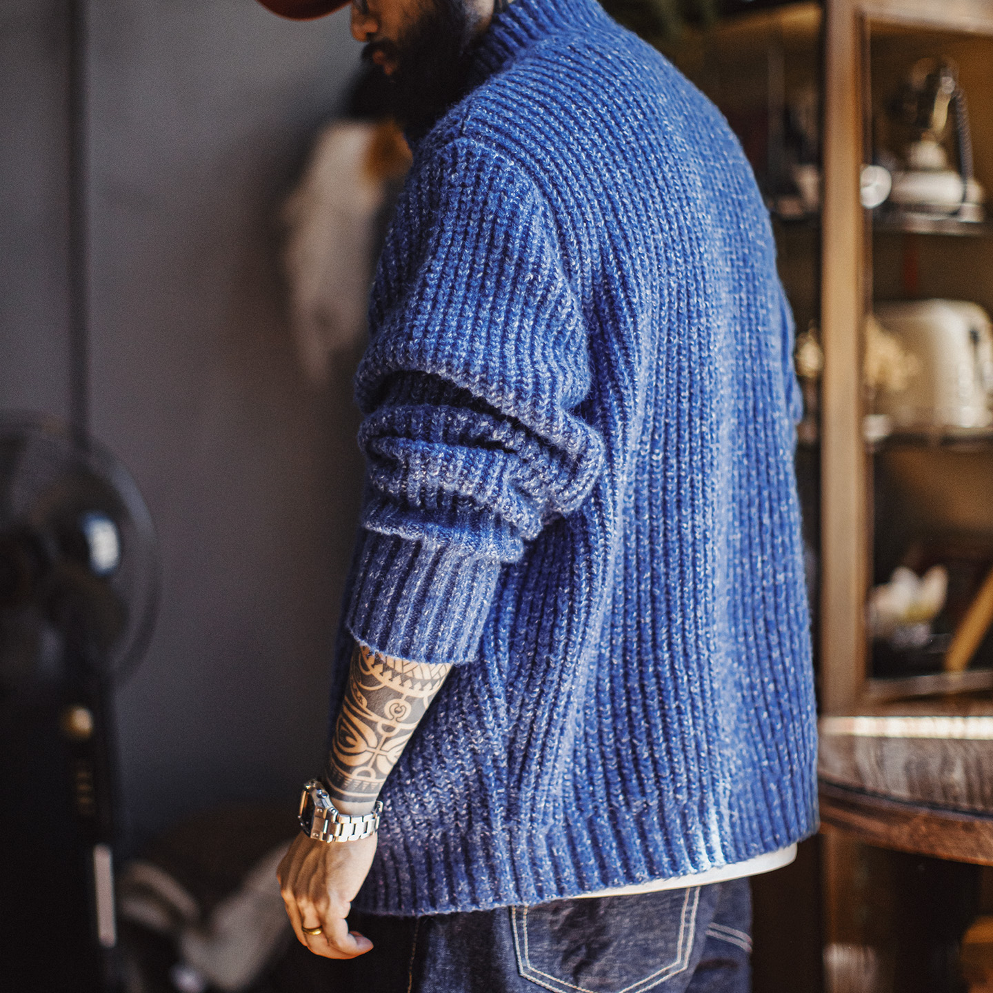 Maden décontracté bleu tricot Cardigan épaissi col haut thermique laine mélange chaud pull manteau pour hommes hiver Vintage veste à glissière