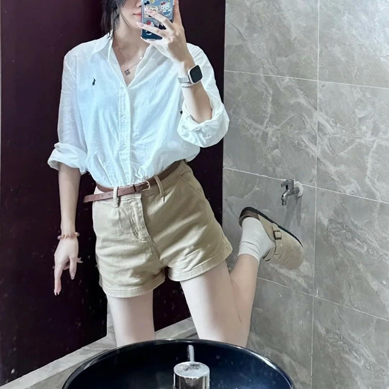 Short droit en Denim extensible pour femmes, kaki, décontracté, assorti avec tout, coréen, Simple, avec ceinture, pantalons courts chauds, été