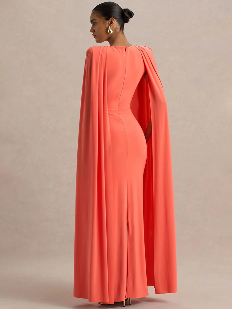 Cape manches Sexy robe Maxi femmes robe élégante mode fermeture éclair col rond taille haute fendu Club fête longues robes femme