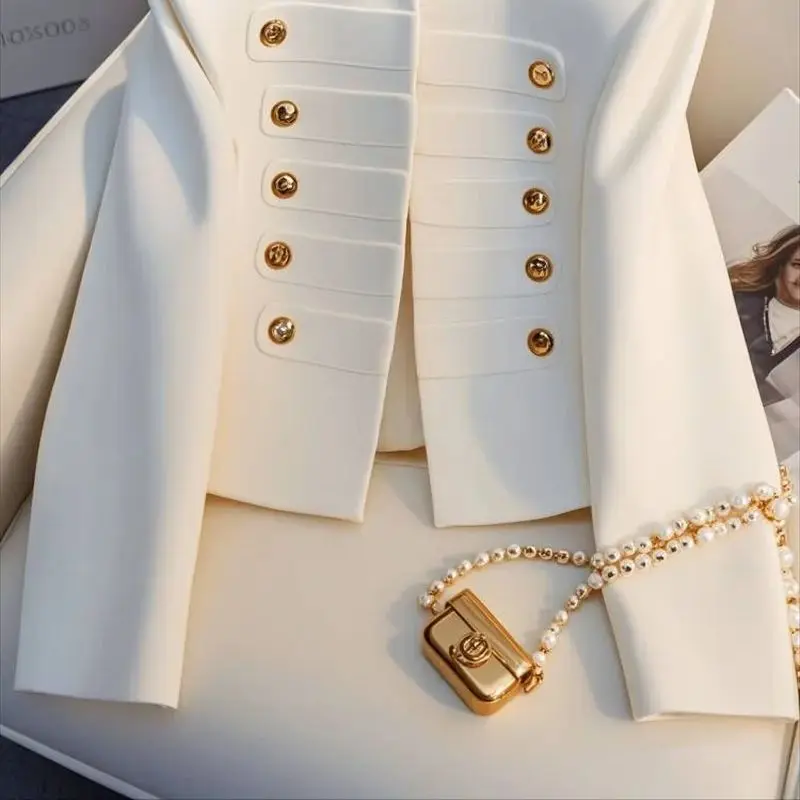 Veste à Double boutonnage pour femmes, mode coréenne, élégante, couleur unie, col rond, manches longues, vêtements d'extérieur pour femmes, manteaux courts de bureau