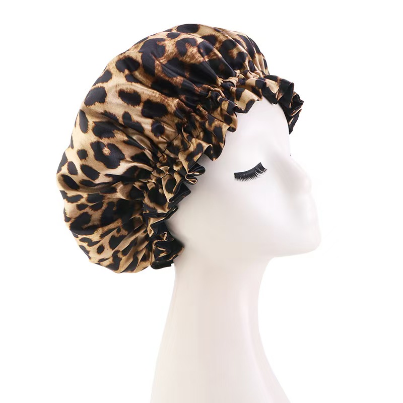 Bonnet de nuit en Satin imprimé léopard pour femmes, Double couche, Bonnet soyeux, bande élastique réglable, casquette de sommeil pour cheveux longs, nouvelle collection
