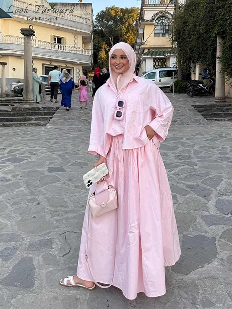 Chemise décontractée jupe longue costume femmes ample printemps été revers boutons poches Blouse jupes ensembles femme rose clair ensemble dame