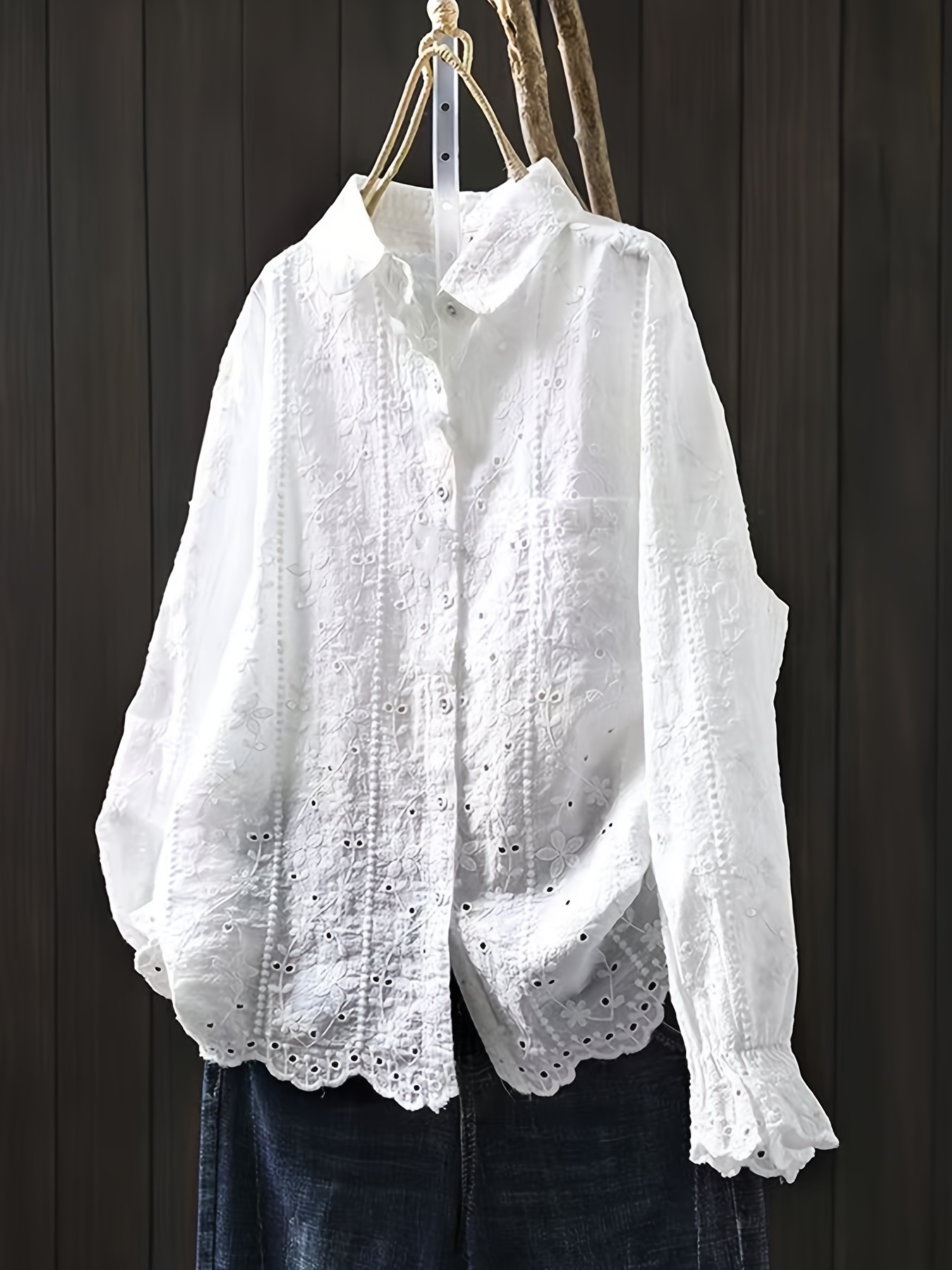 Chemisier blanc vintage ajouré pour femme, chemise ample en coton à manches longues, haut décontracté à superposer