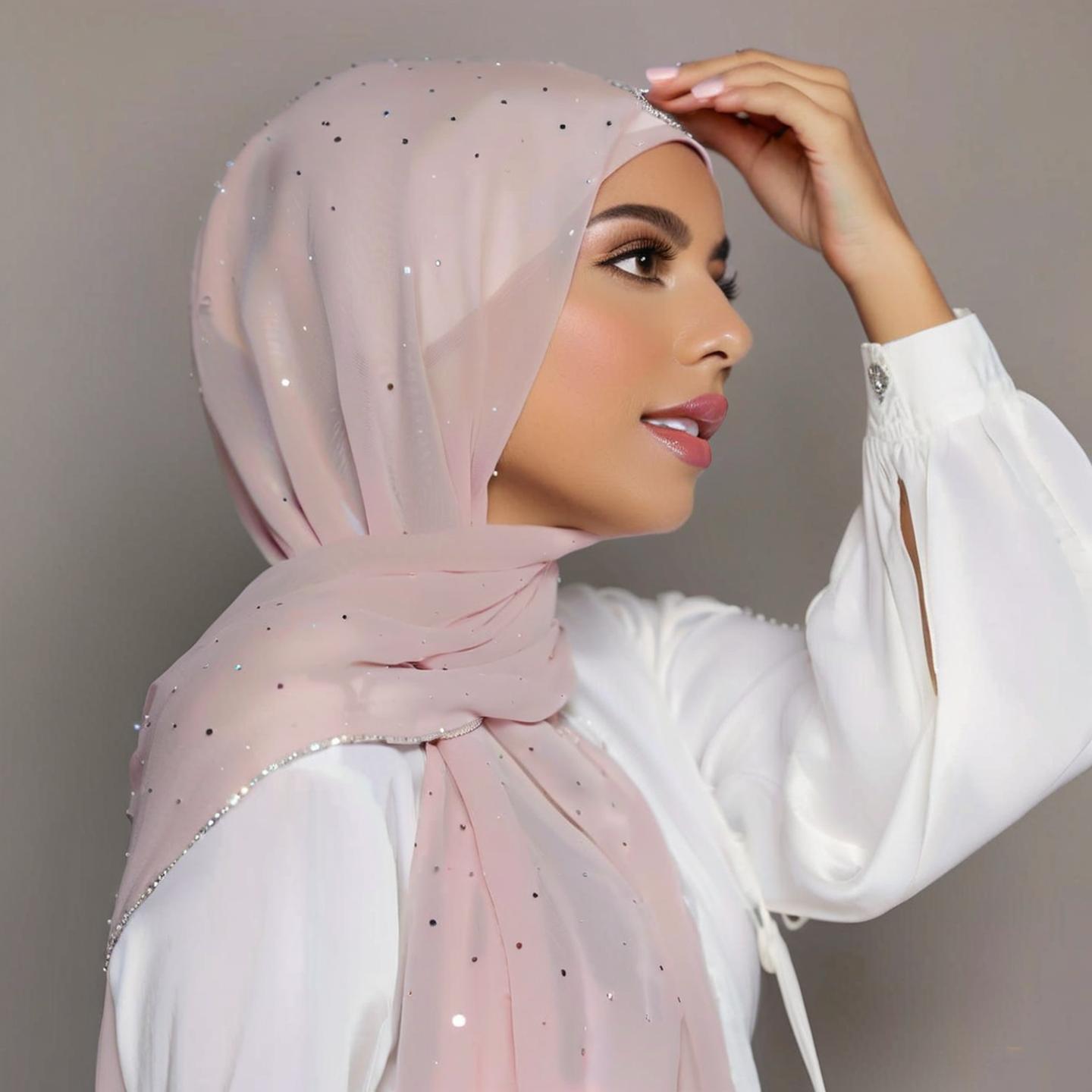 Écharpe hijab longue en mousseline pour femme, couleur unie avec chaîne de perles et décorations entièrement en strass, qualité supérieure