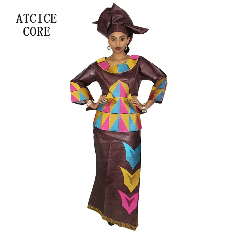 Robe Africaine Longue en Tissu Bazin Riche avec Broderie pour Femme, Tenue avec Cravate pour Sauna