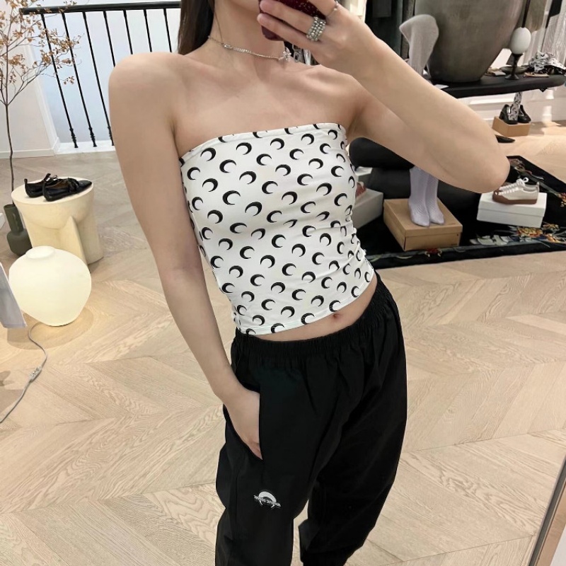 Débardeur court sexy imprimé lune tendance pour femme, style coréen Y2K streetwear décontracté, sans bretelles, coupe ajustée, élastique, camisole d'été
