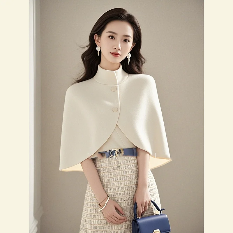 Manteau en laine élégant de style français pour femme, automne/hiver, nouvelle mode, ponchos, capes, courte cape blanche, vêtements pour femmes