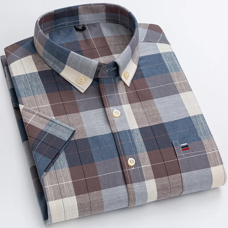 Chemise rayée à carreaux à manches courtes pour hommes, chemises en coton, blanc, décontracté, affaires, coupe régulière, grande taille, S-7XL, été, nouveau