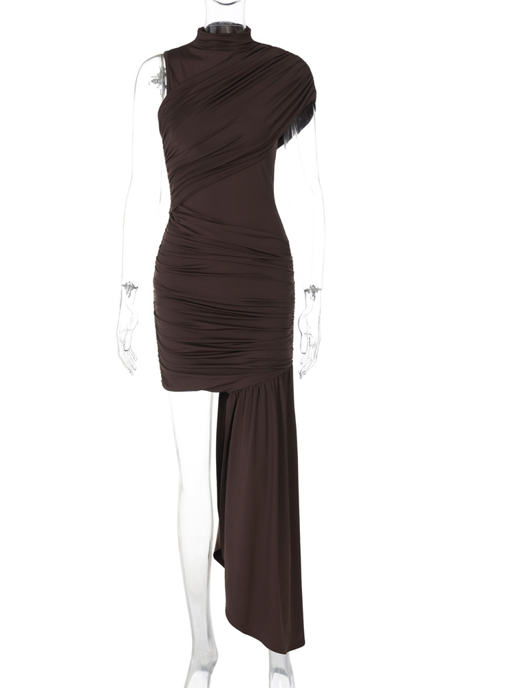 Beyprern – Mini robe drapée asymétrique marron sexy pour femmes, robe moulante unie, élégante, pour soirée, club