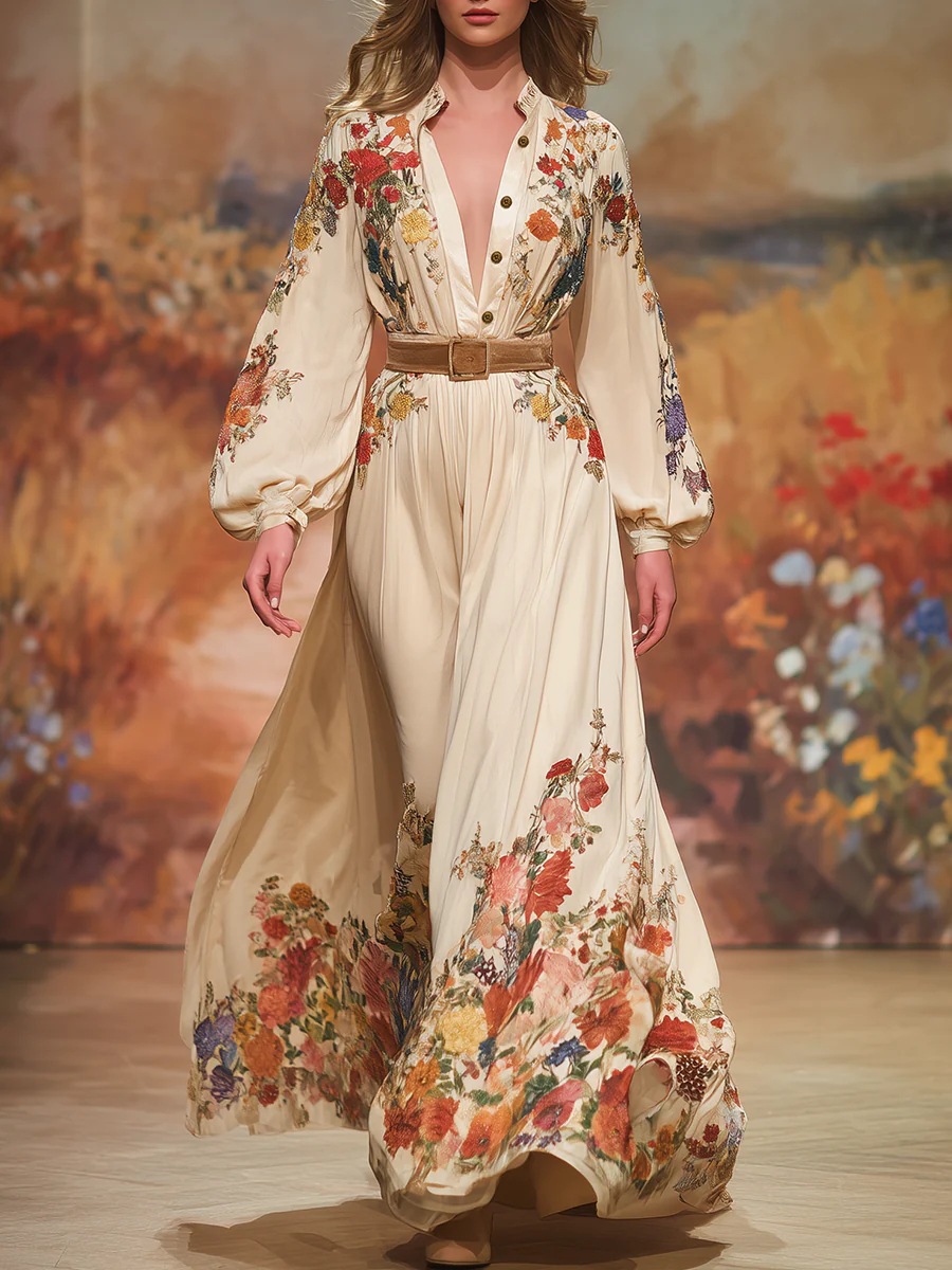 Robe de plage une pièce à manches longues, col en V, imprimé bohème, tunique pour femme, kaftan amincissant style Moyen-Orient, collection été 2026