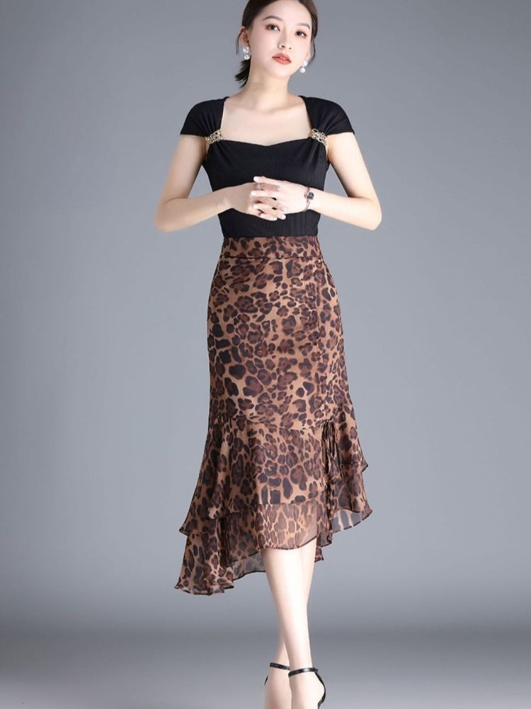 Jupes mi-longues en mousseline de soie pour femmes, taille haute, imprimé léopard, ligne A irrégulière, élégante, décontractée, Y2k, Vintage, mode coréenne V