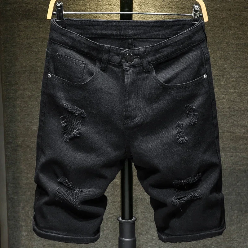 Short en jean déchiré au genou pour hommes, short en jean blanc, streetwear masculin, pantalon décontracté simple, trou mince, mode, nouveau