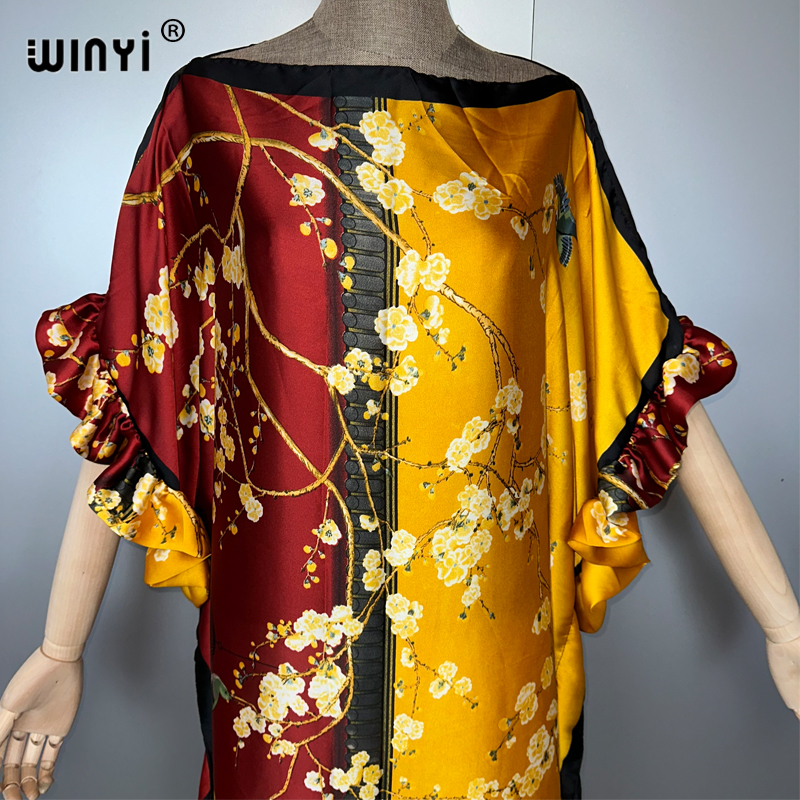 WINYI Robe de soirée bohème d'été, Kaftan ample imprimé de luxe pour femme, Vêtement musulman, Robe de plage pour les vacances, Caftan tendance