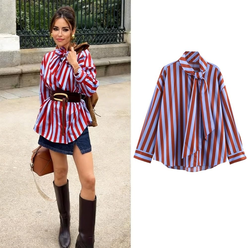 Chemisier ample pour femme à rayures contrastées, boutonnage simple, design épuré et confortable, idéal pour les événements mode