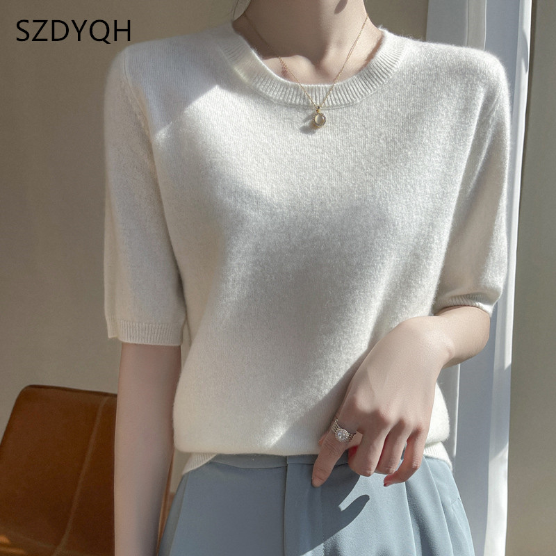 T-shirt à manches courtes et col rond pour femme, pull basique, doux, vêtements pour filles, 100%, nouvelle collection printemps 2023