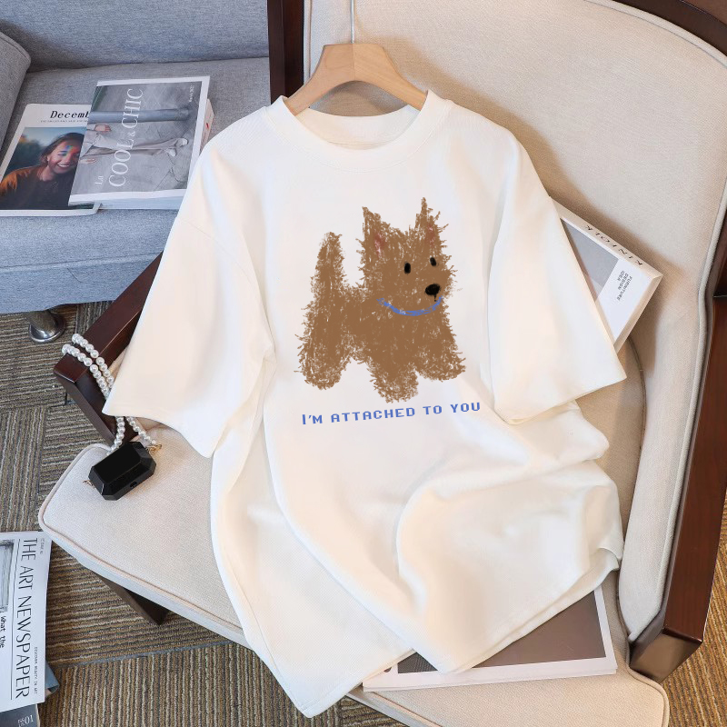 T-shirt style coréen avec motif mignon et amusant, coupe ample, manches courtes, haut blanc pour femme, vêtement décontracté d'été