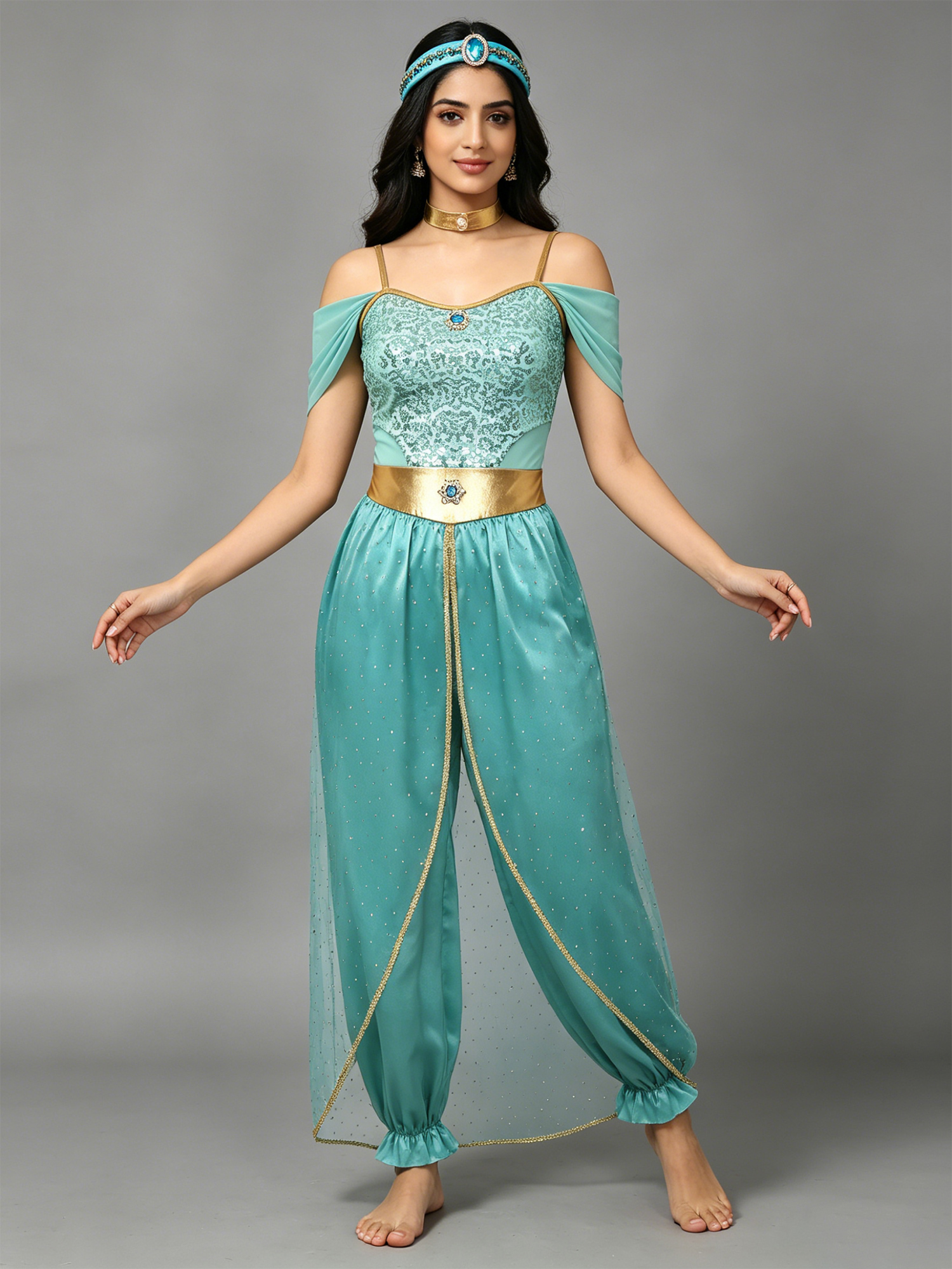 Costume de danse du ventre pour femme, tenue de princesse arabe, bandeau orné de pierres, combinaison à sequins, collier ras du cou métallique brillant, déguisement