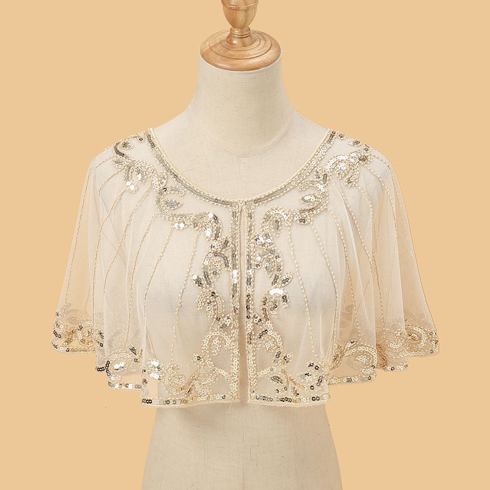 Châle à clapet en dentelle perlée et paillettes, élégant, embellissement léger et brillant pour robes de soirée