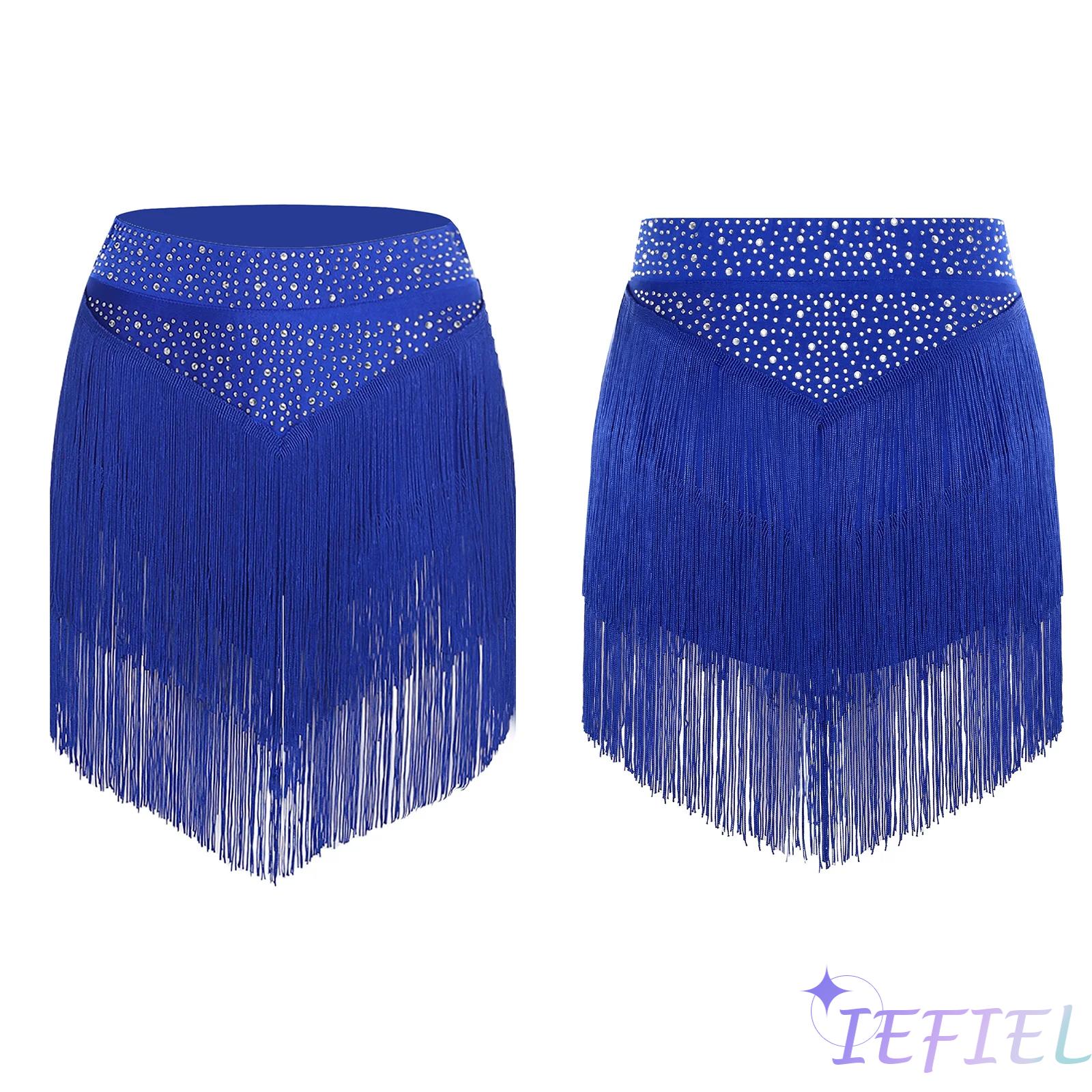 Costume de danse du ventre latine pour femmes, jupe à franges, strass brillants, glands à plusieurs niveaux, Samba Rumba cha-cha, spectacle de danse du ventre