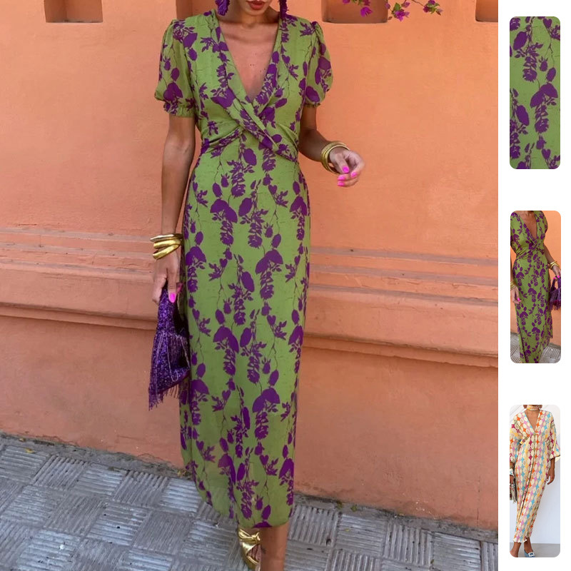 Robe Imprimée Contrastante Tendance avec un Style Élégant, Col en V Ajusté, Manches Courtes, Sexy et Décontractée pour les Vacances, Robe pour Femme