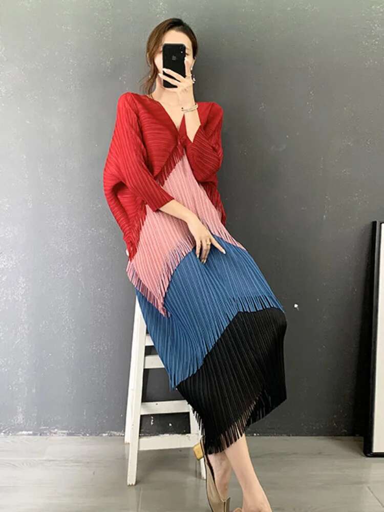 LANMREM-Robe de Nuit Plissée à Franges pour Femme, Patchwok, Manches Chauve-Souris, Mi-mollet, Mode Féminine, Été 2025, 2N789