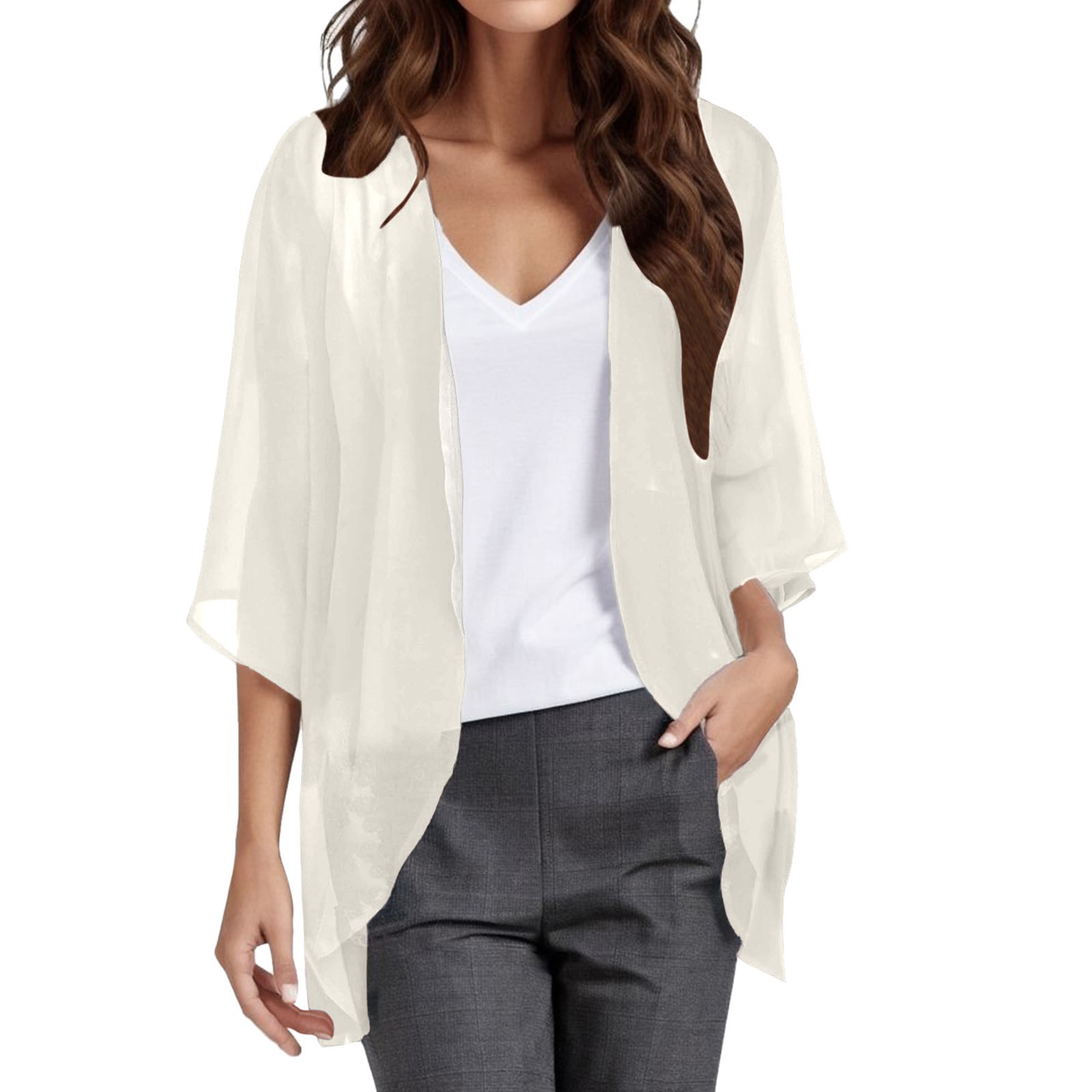 Kimono cardigan en mousseline pour femme, manches 3/4, léger, ouvert sur le devant, transparent, couleur unie, coupe ample, châle de plage décontracté pour l'été