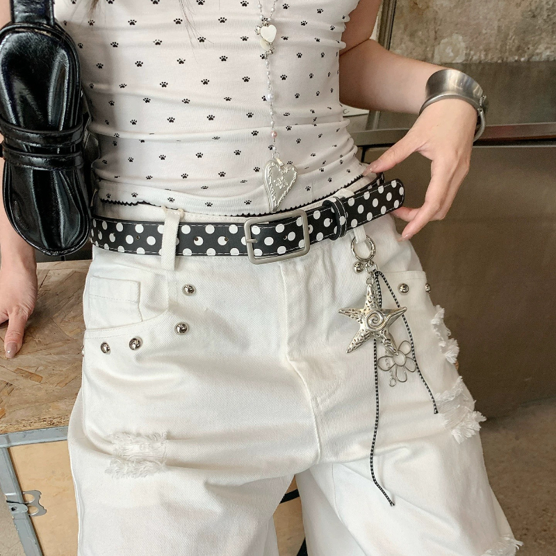 Ceinture en cuir vintage à pois noirs et blancs, élégante et ajustable, accessoire de mode pour robe, pour femme