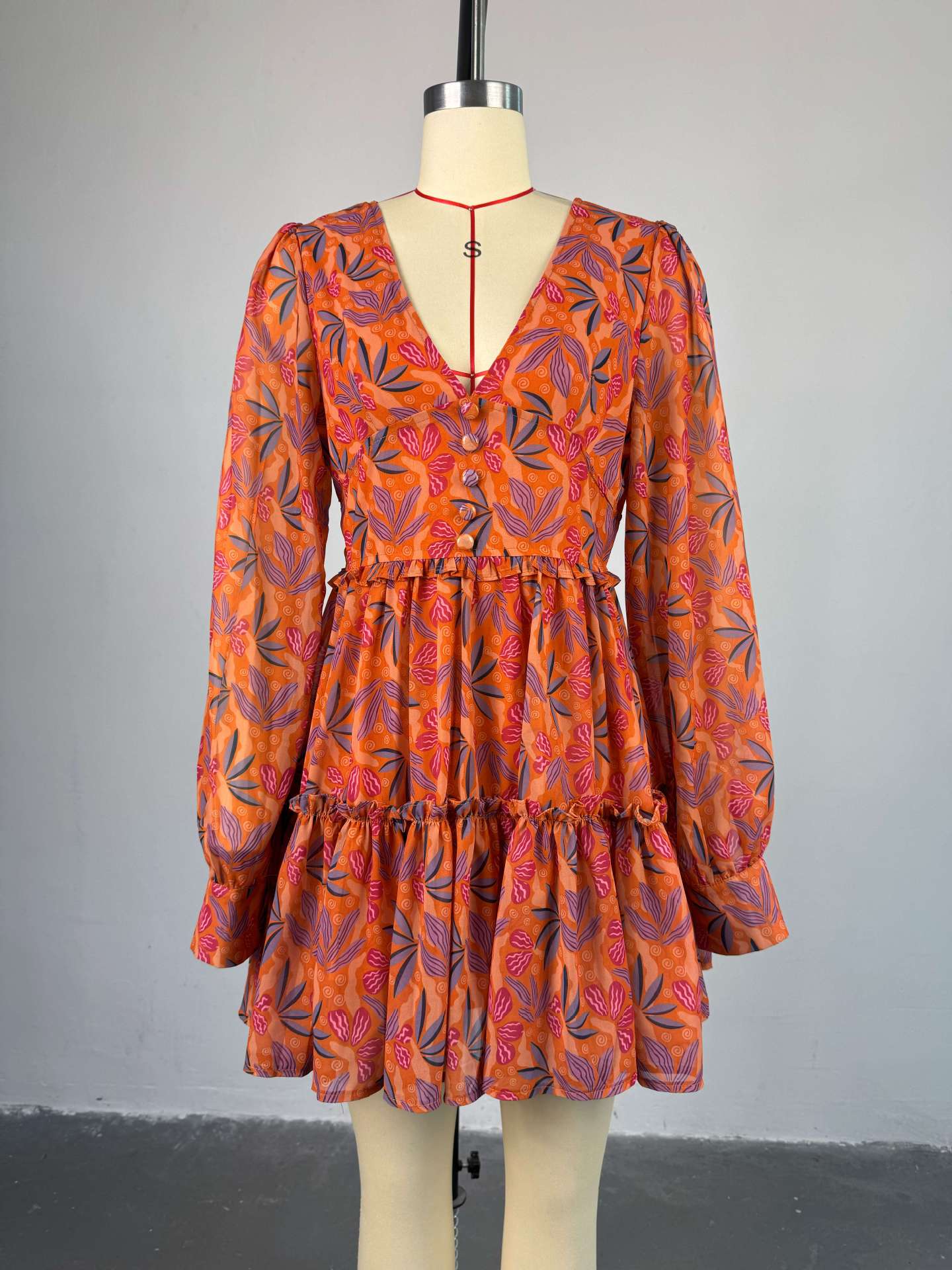 Robe Courte Femme Imprimé Floral Y2K Streetwear Col V Manches Longues Taille Haute Élégante pour Soirée et Travail