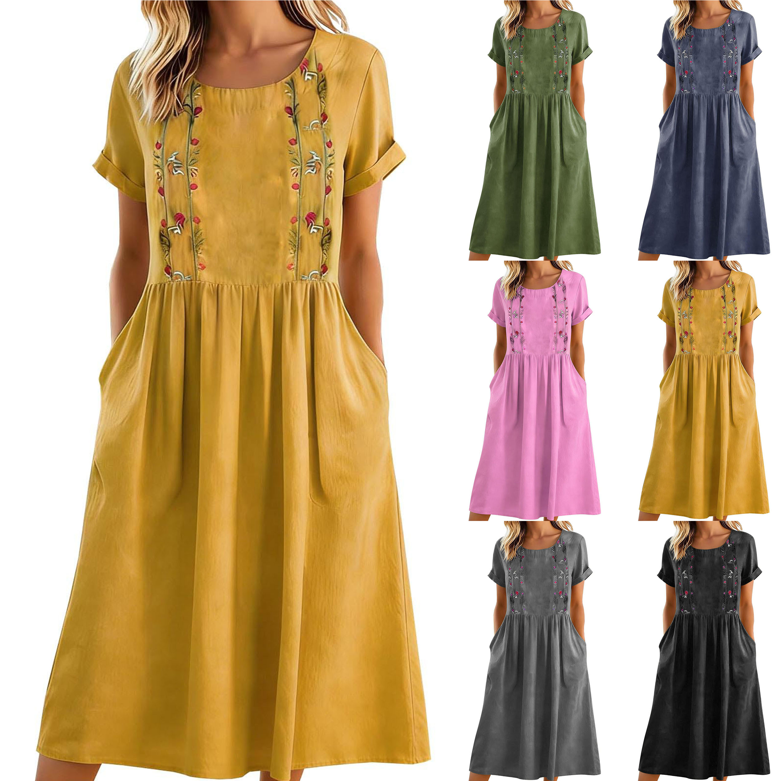 Robe décontractée bohème vintage pour femmes, en coton et lin, broderie, col rond, manches courtes, poche, robe midi, tenue de plage pour les vacances